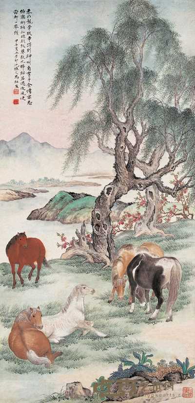 马骀 甲子（1924）年作 春郊散马 立轴 107×52cm